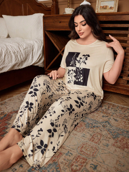 Off White Leaves with Leaves Printed PJ Set For Her
