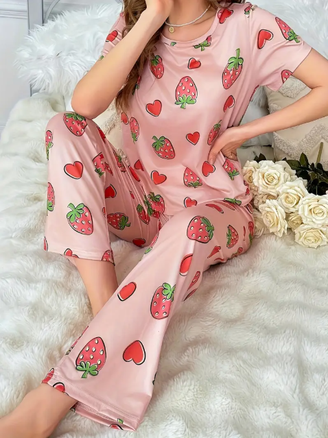 Pink All Over Strawberries & Hearts Printed PJ Set For Her