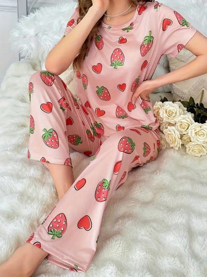 Pink All Over Strawberries & Hearts Printed PJ Set For Her