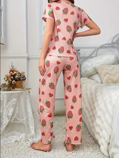 Pink All Over Strawberries & Hearts Printed PJ Set For Her