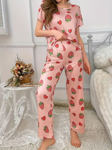 Pink All Over Strawberries & Hearts Printed PJ Set For Her