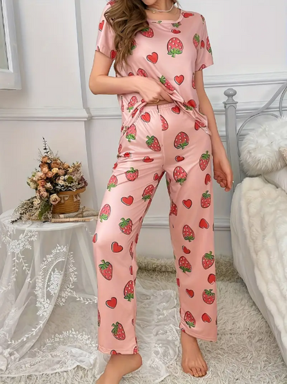Pink All Over Strawberries & Hearts Printed PJ Set For Her