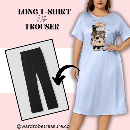 Ice Blue Happy Cats Printed Long Tee For Her