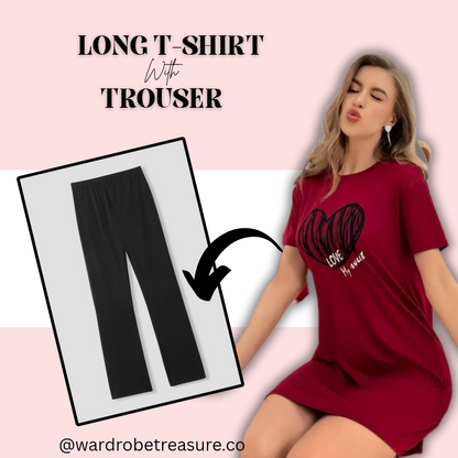 Maroon Love Heart Printed Long Tee For Her