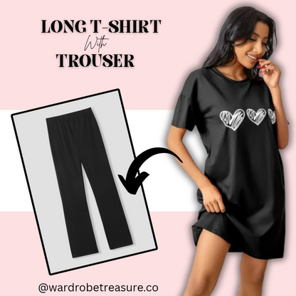 Black with White Hearts Printed Long Tee For Her